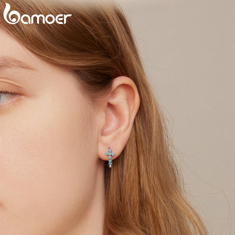 Bông tai BAMOER bạc 925 hình chữ thập/mặt trời thời trang cho nữ