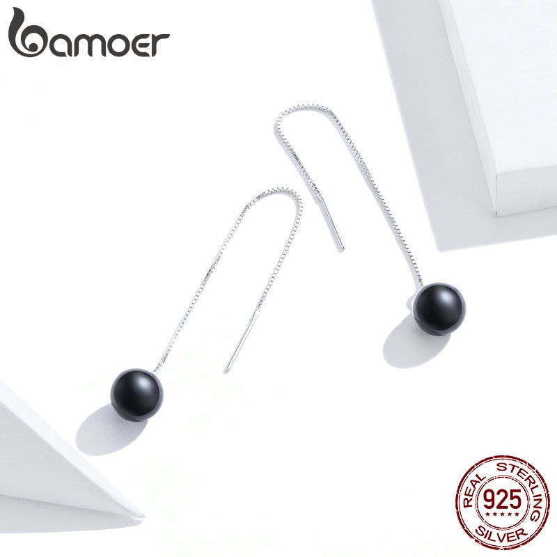 Khuyên tai Bamoer SCE878 dáng dài gắn đá mã não màu đen thời trang cá tính cho nữ