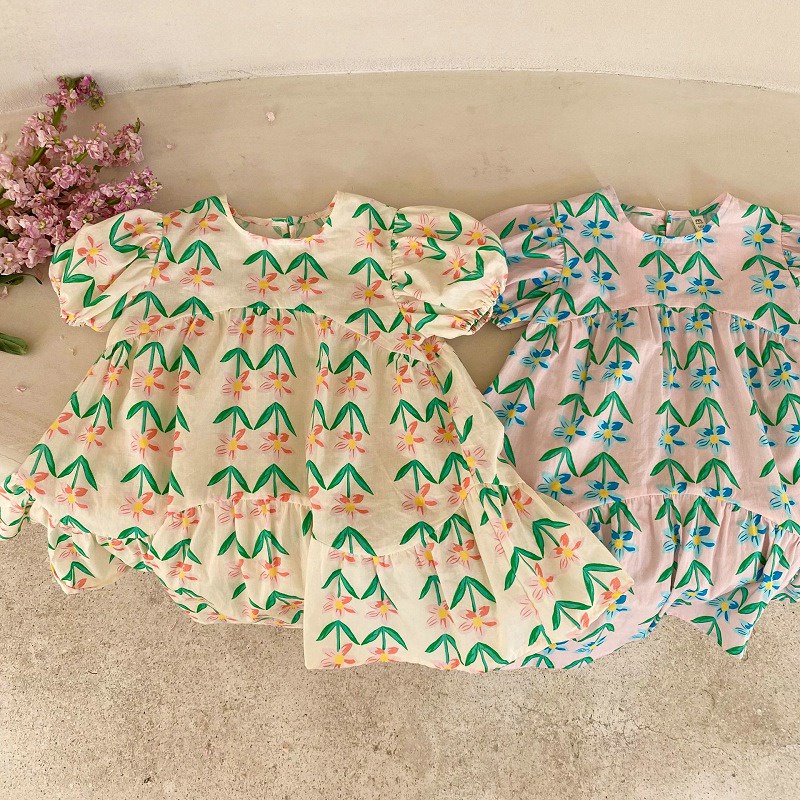 Đầm Công Chúa Tay Phồng Ngắn In Họa Tiết Hoa Phong Cách Hàn Quốc Đơn Giản Dành Cho Bé Gái