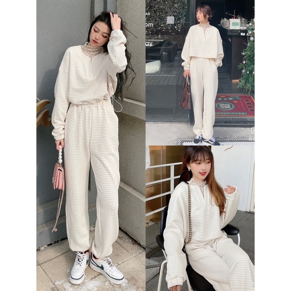 Set áo croptop cổ V kèm quần suông bo gấu chất nỉ bông ô vuông Hàn Quốc