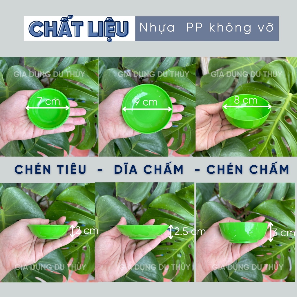 Chén, dĩa chấm nước mắm, gia vị Vĩnh Phát, màu xanh lá cây, trắng trong suốt, nhựa pe dẻo, không vỡ của gia dụng Du Thủy