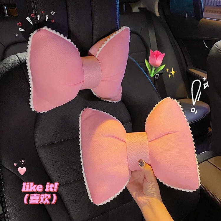 A pair of pillow headrest neck/waist/shoulder pad seat belt bow tie shape lovely for car seats car accessories u7nk