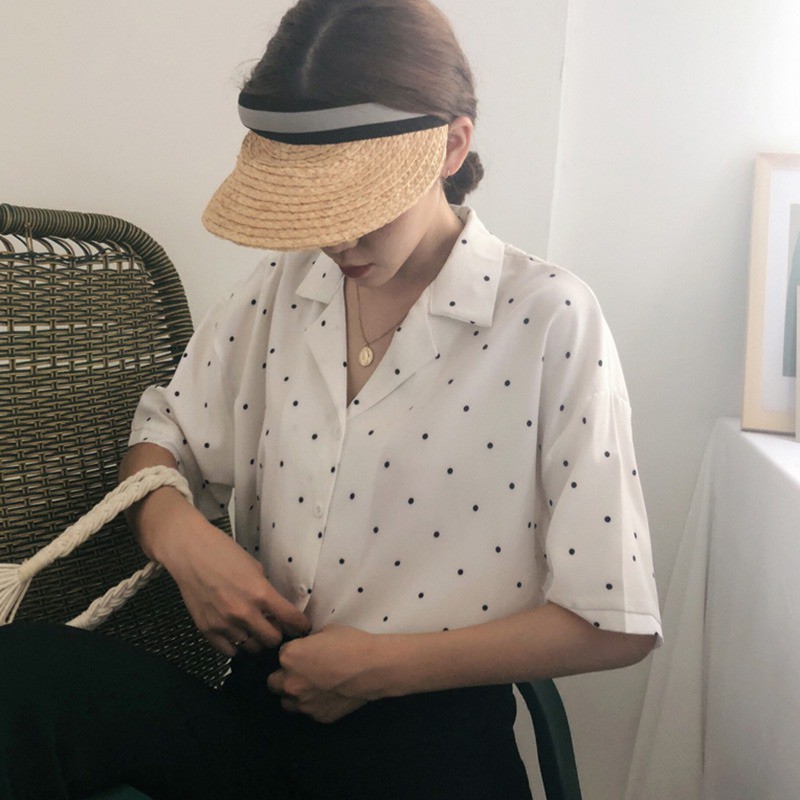 [Baywellfashion]Áo kiểu vải voan tay ngắn hoạ tiết chấm bi thanh lịch dành cho nữ | BigBuy360 - bigbuy360.vn