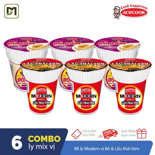 Combo 6 mì ly Modern mix 2 vị Bò và Lẩu thái Acecook tiện dụng mọi lúc mọi nơi