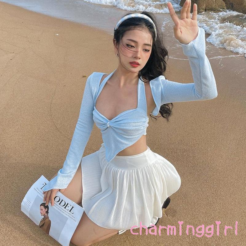 Áo Croptop Sát Nách Màu Sắc Trơn Trang Trí Ngọc Trai Giả Cổ Khoét Sâu Quyến Rũ Cho Nữ
