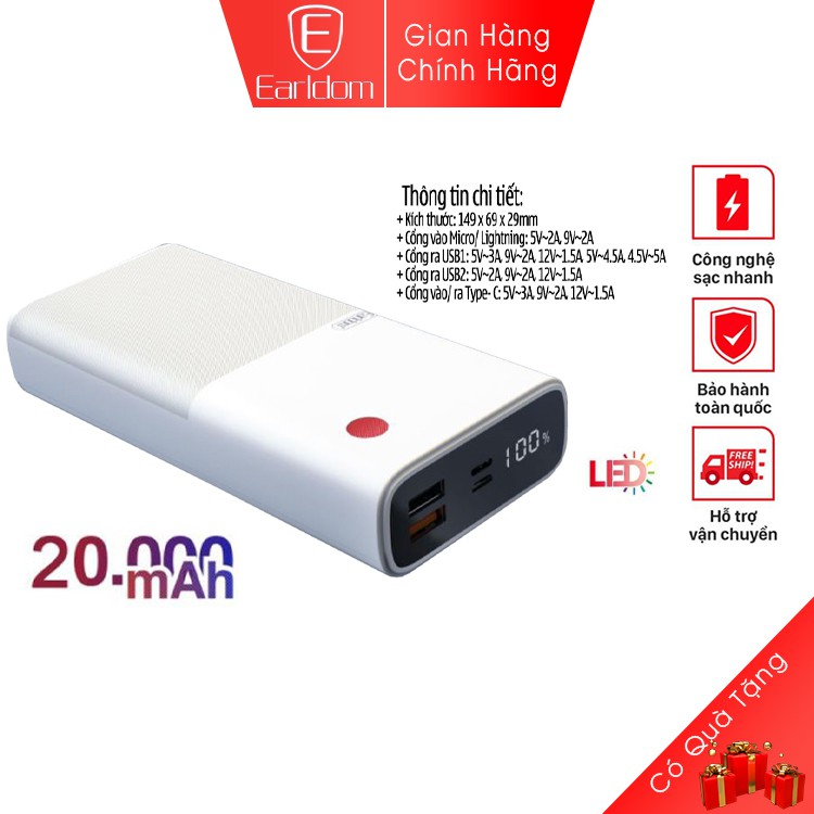 Sạc dự phòng 20000mAh Earldom PD-05 với 2 cổng ra USB hỗ trợ sạc nhanh 22W