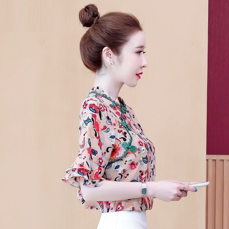 Áo Kiểu Sườn Xám Cách Tân Vải Voan In Họa Tiết Phong Cách Trung Hoa Cổ Điển Thời Trang Cho Nữ