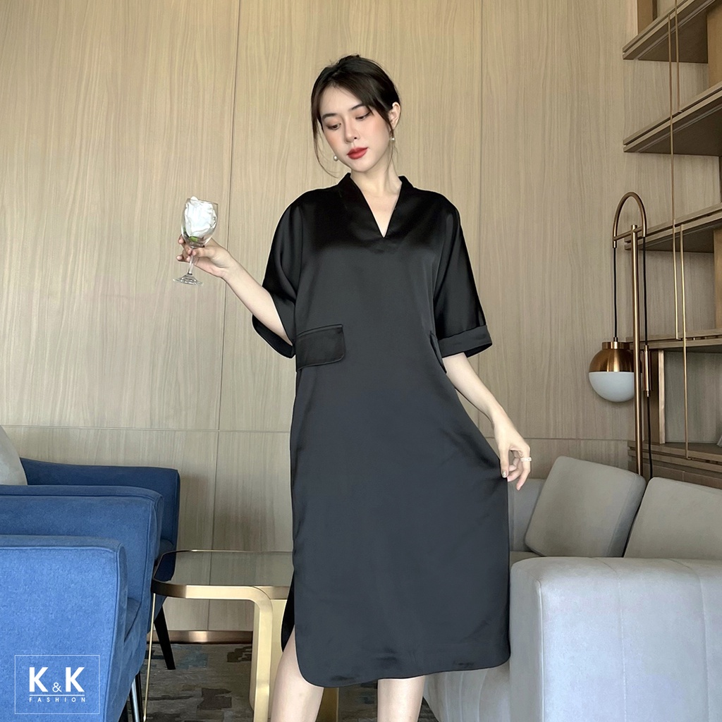 Đầm Đen Dáng Suông Phối Túi K&K Fashion HL18-17 Tay Ngắn Chất Liệu Lụa Phi