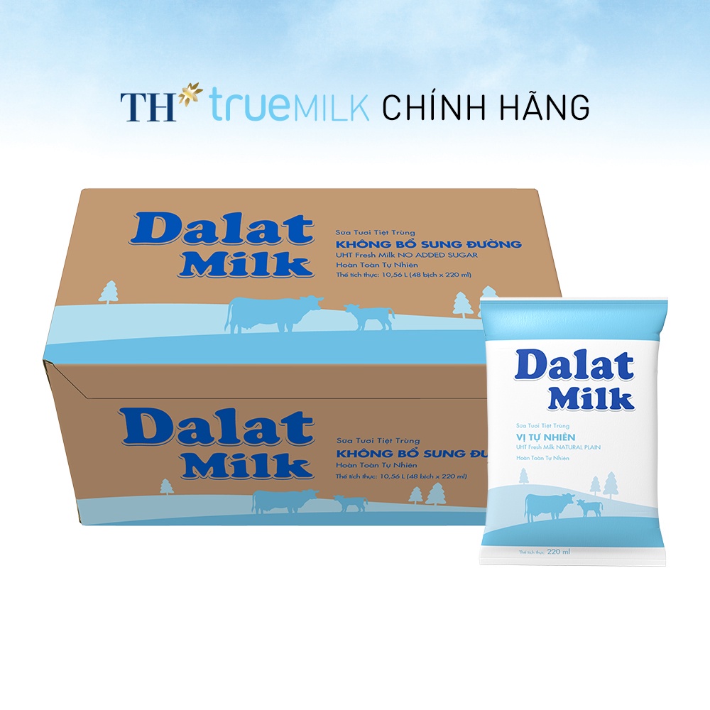 [HSD T7-2022] Thùng 48 Bịch Sữa tươi tiệt trùng Không Đường Dalat Milk 220ml