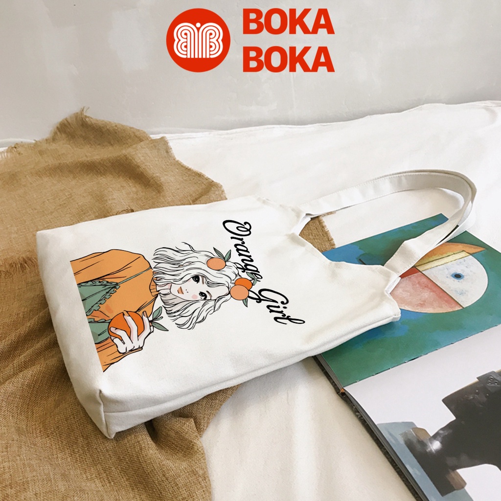 Túi tote túi vải canvas xách vai nữ Orange Girl thời trang phong cách Hàn Quốc đi học giá rẻ có khóa kéo