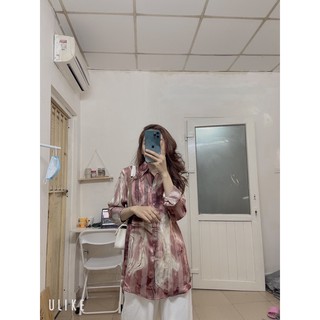 Áo sơ mi lụa xanh loang- hồng loang