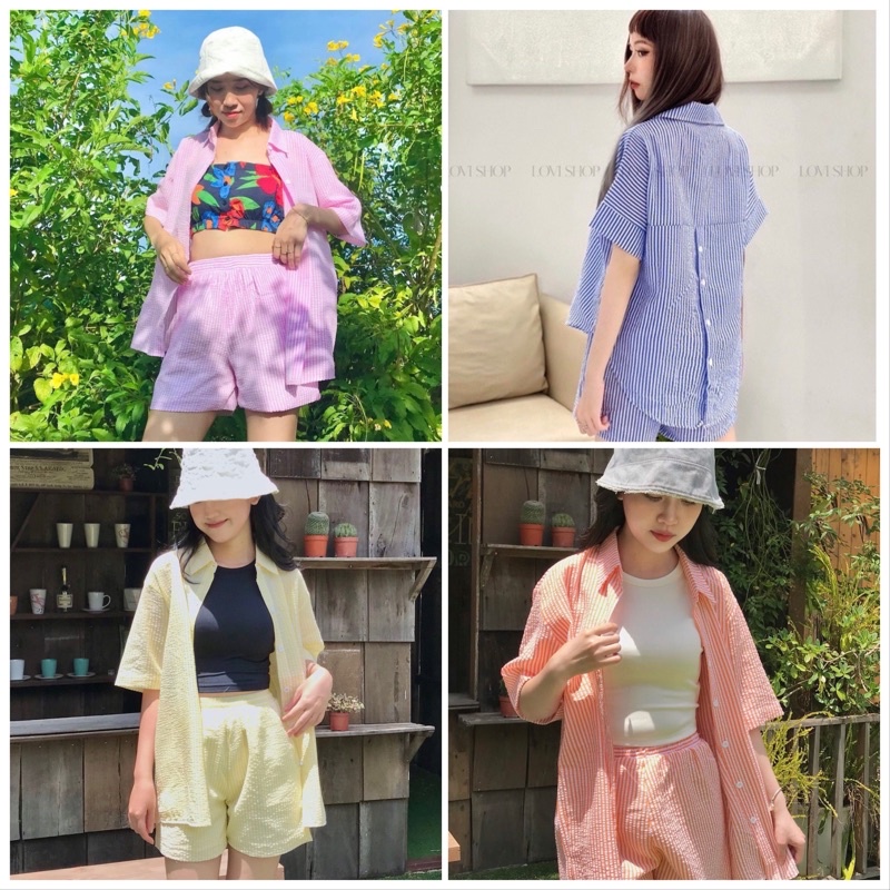 Set bộ sơ mi xốp sọc mùa hè ullzang 4 màu xinh xắn trẻ trung năng động