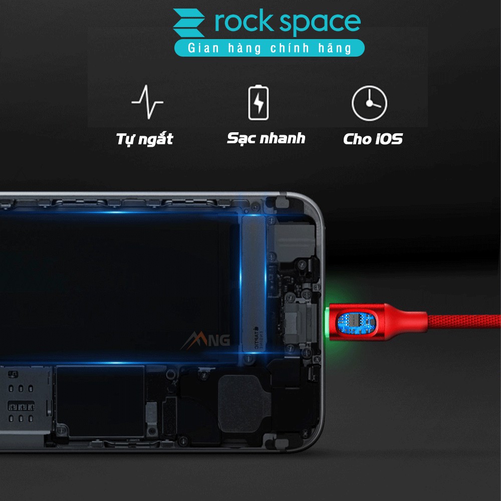 Dây cáp sạc tự ngắt khi pin đầy Rockspace lightning dành cho iphone, sạc nhanh, ổn định, chính hãng bảo hành 1 năm