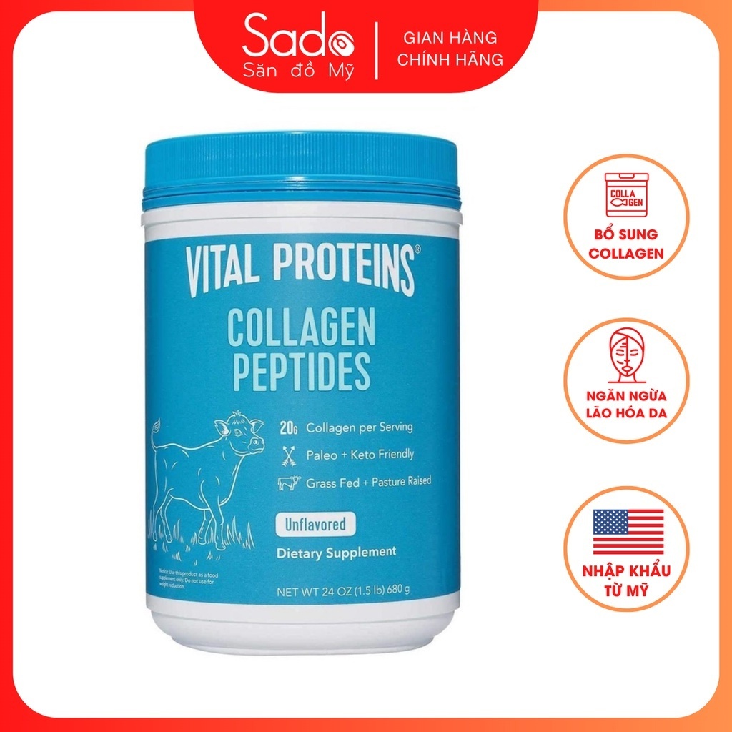Collagen Thủy Phân Vital Proteins Collagen Peptides Unflavored Khôi Phục Làn Da Chống Lão Hóa Hộp 680g.