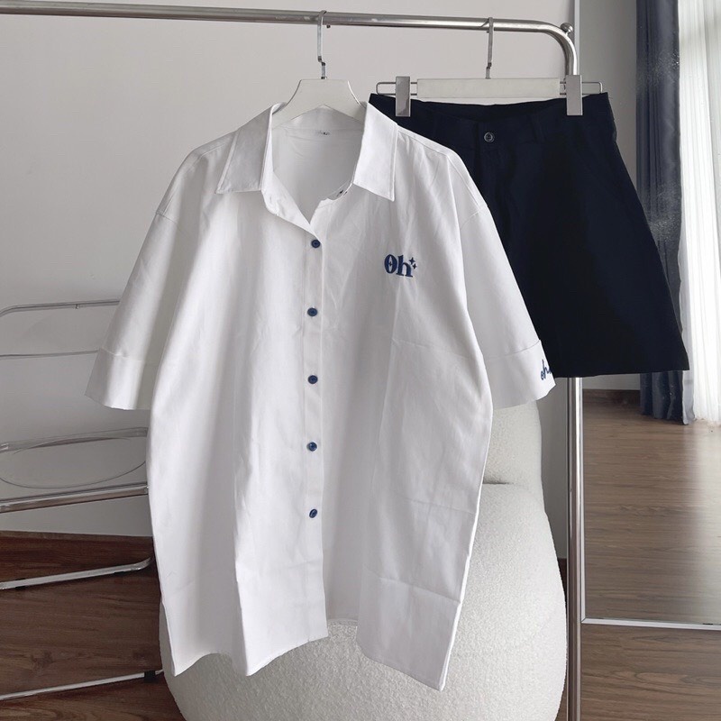 Áo Sơ Mi Tay Ngắn Thêu OH Cổ Bẻ Phong Cách Hàn Quốc Thời Trang UNISEX Nam Và Nữ Couple Ulzzang NUPAKACHI