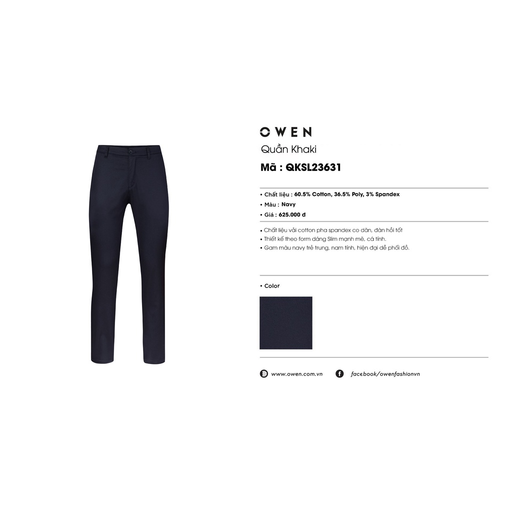 Quần Kaki Nam Owen QKSL23631 quần thô Cao Cấp Chính Hãng Dáng Ôm Ống Côn Trẻ Trung Vải Cotton Mềm Mát Màu Xanh Navy Trơn