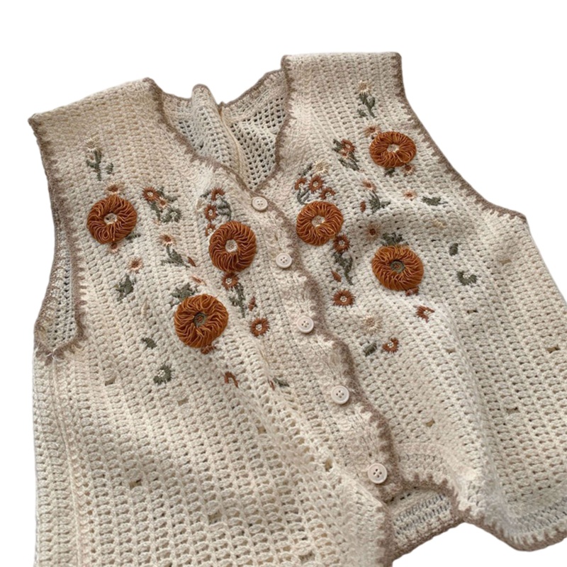 Áo Cardigan Dệt Kim Không Tay Cổ Chữ V Thêu Họa Tiết Hoa Lá Phối Hàng Nút Thời Trang Mùa Xuân Cho Nữ