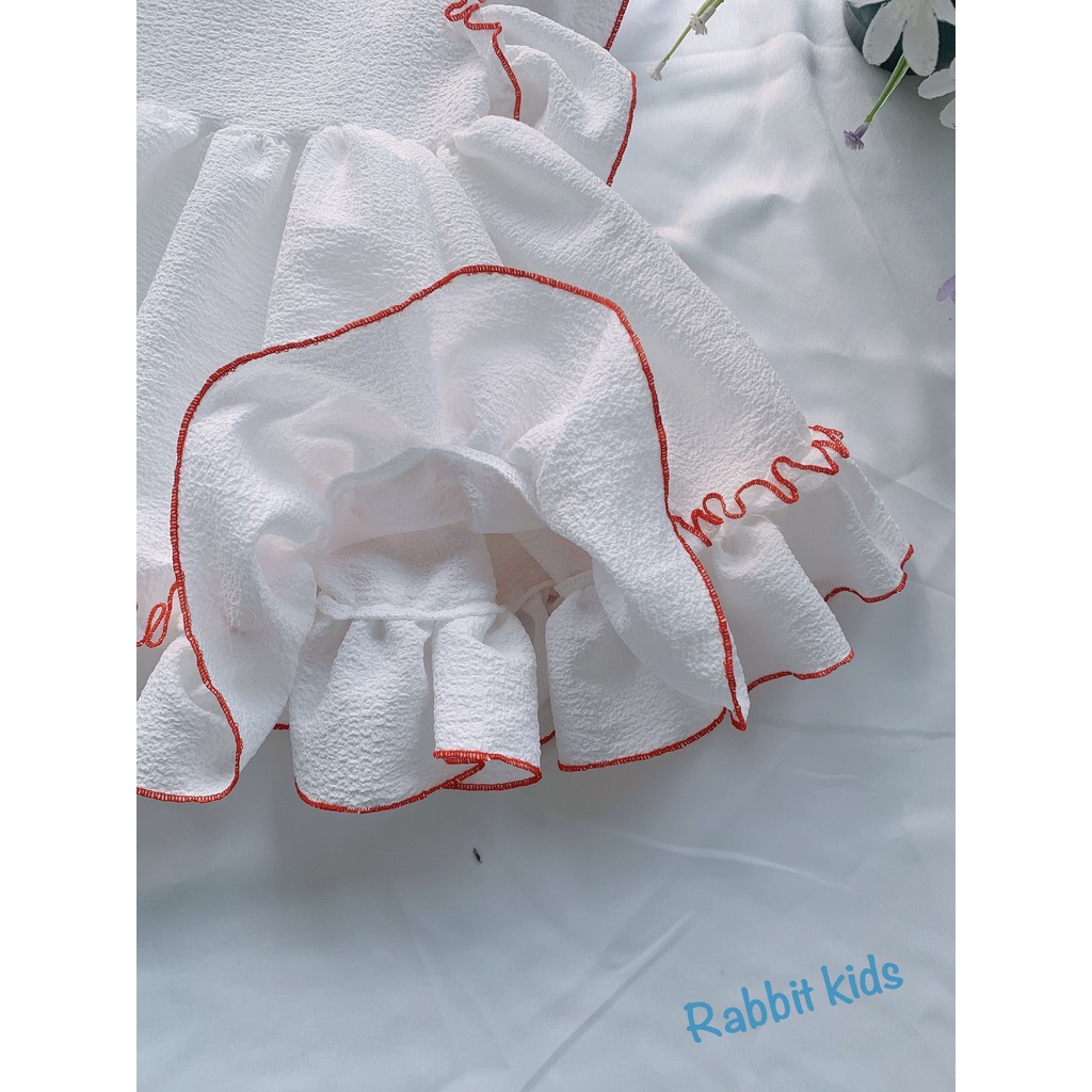 Váy Trắng Cho Bé Gái FREESHIP Rabbit Kids - Đầm Hè Trẻ Em Chất Xốp Mềm Mát Viền Đỏ Dễ Thương Xinh Xắn