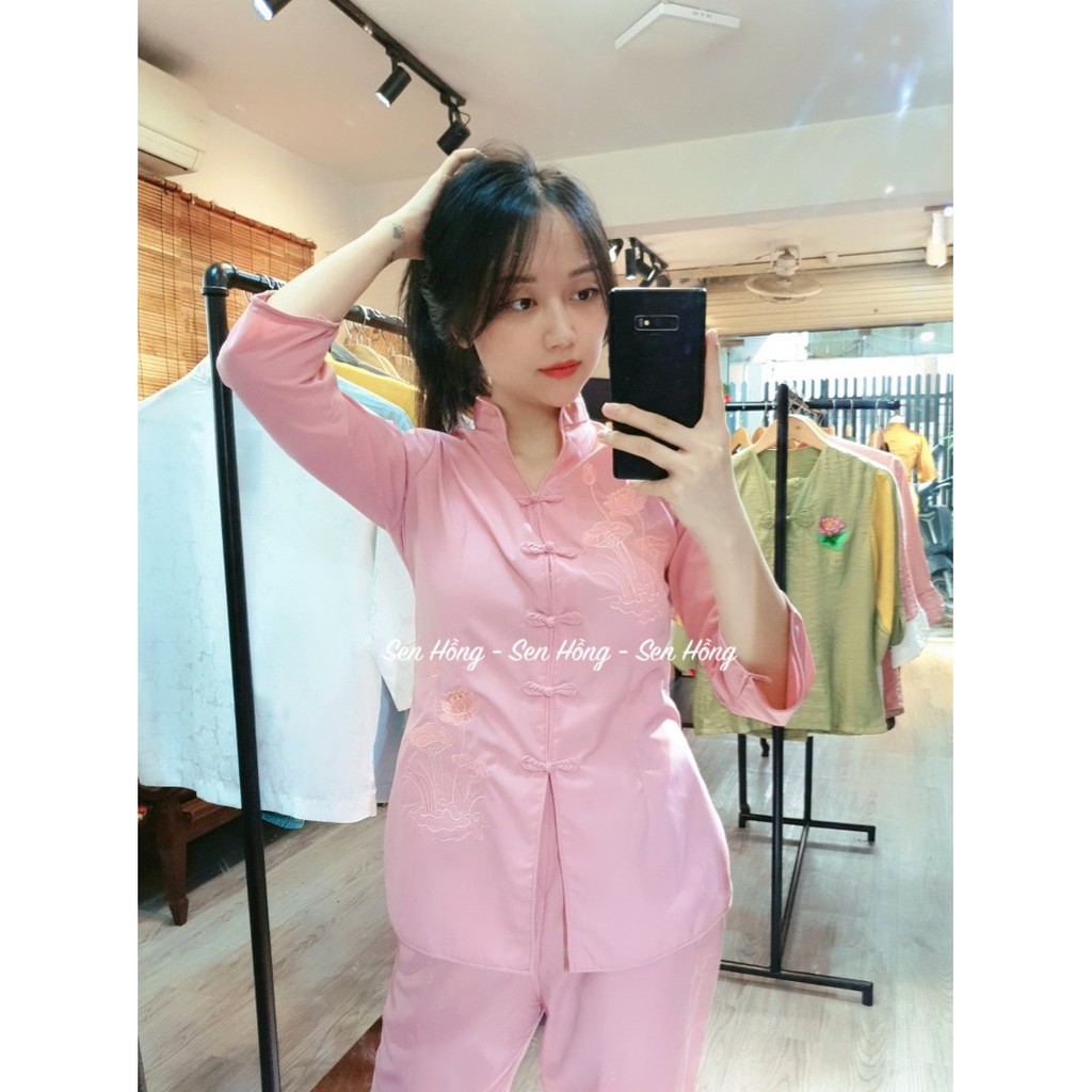 quần áo Phật tử đi chùa màu hồng Set xẩm thêu hoa sen sắc nét vải mềm mịn giặt máy thoải mái