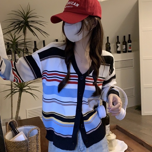 【ZHELIHANGFEI】Áo Cardigan Dệt Kim Dáng Rộng Kẻ Sọc Cầu Vồng Phong Cách Thời Trang Mỹ