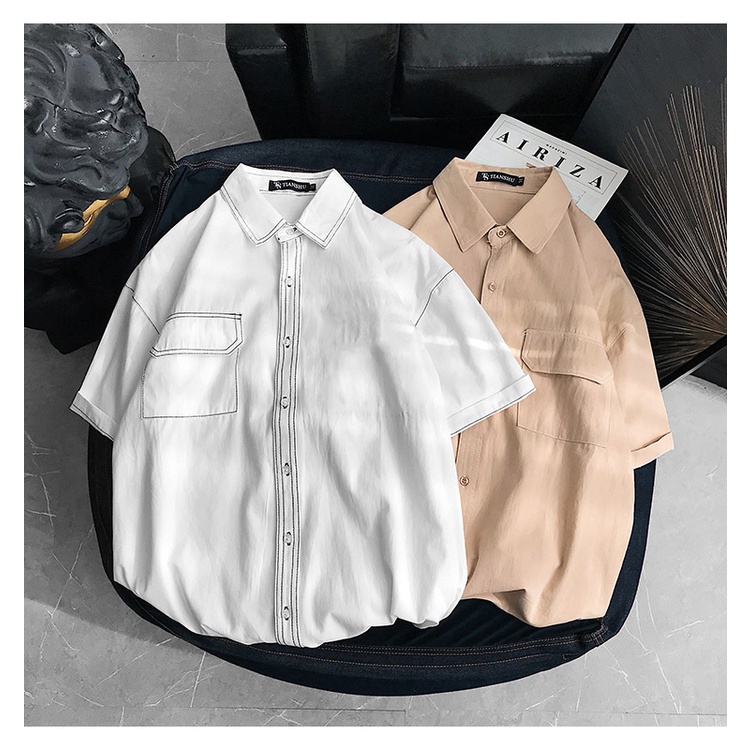 Áo Sơ Mi Tay Lỡ Unisex Phối Viền Chỉ Nổi Chất Cotton Đẹp Thoáng Mát,Sơ Mi Tay Lỡ Nam Nữ Phong Cách Hàn Quốc