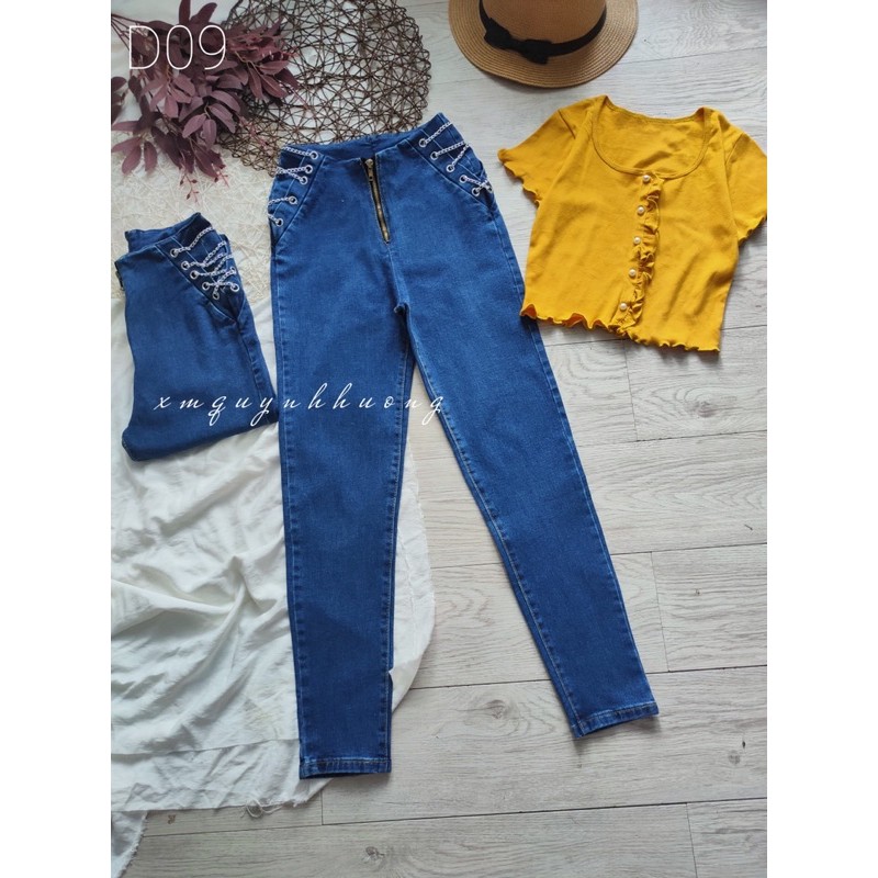 Quần jean giãn lưng siêu cao phối xích cá tính D09, ảnh thật trải sàn