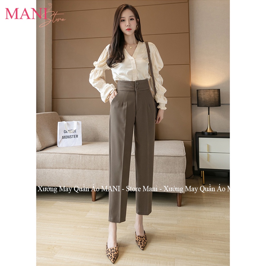 Quần baggy cạp cao bản to phối 2 cúc lưng thun chun co dãn màu Đen Xám Nâu vải tuyết mưa mặc đi làm công sở học sinh