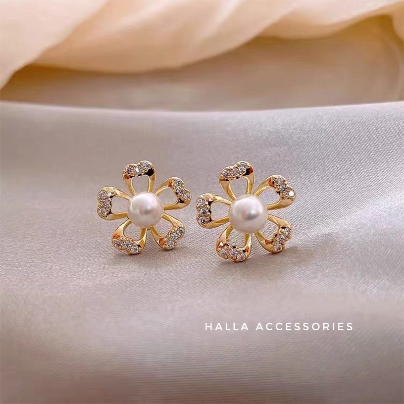 Khuyên tai chuôi bạc S925 Hình bông hoa đính đá HALLA BT141