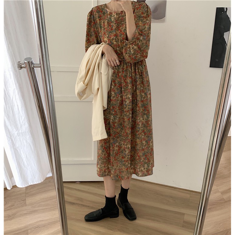 Đầm hoa dáng dài cổ tròn dài tay dây thắt eo phong cách vintage Hàn Quốc ulzzang
