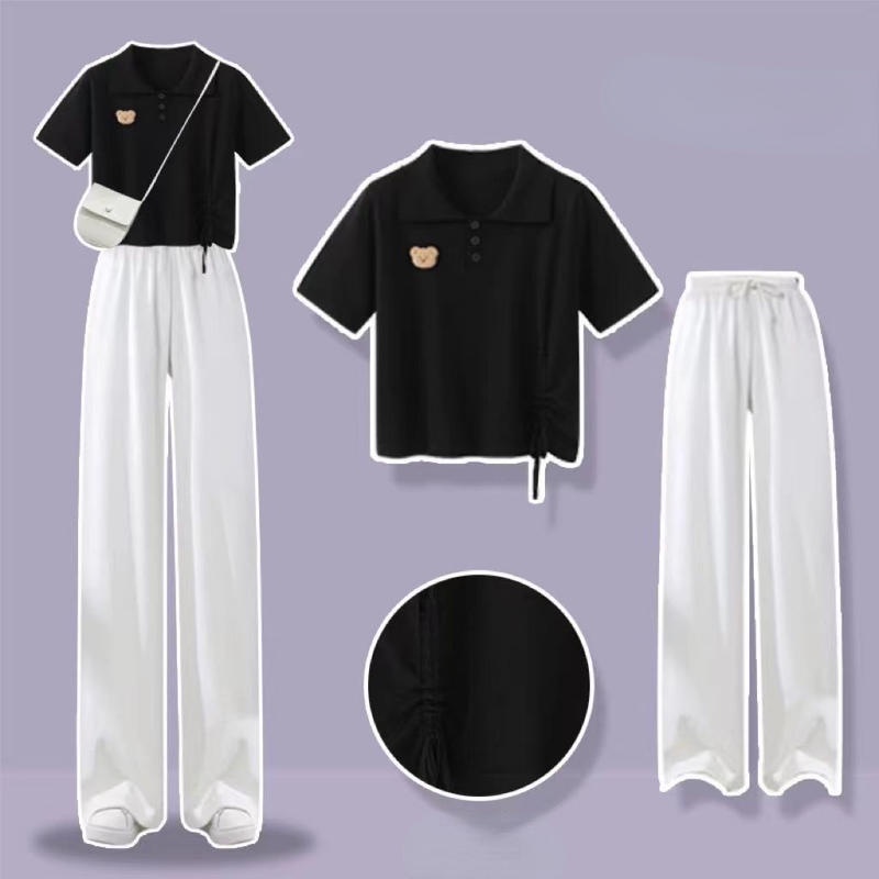 Set Áo Thun polo Ngắn Tay + Quần Dài Ống Rộng Thời Trang Nữ