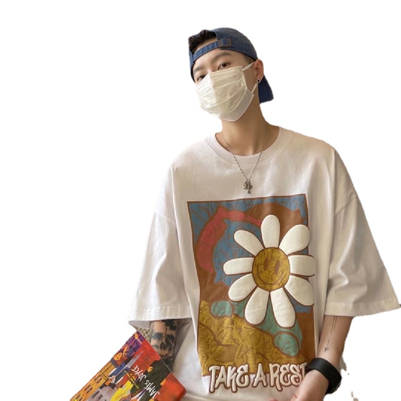 Áo Thun Nam Dáng Rộng In Họa Tiết Hoa Phong Cách Hàn Quốc Thời Trang