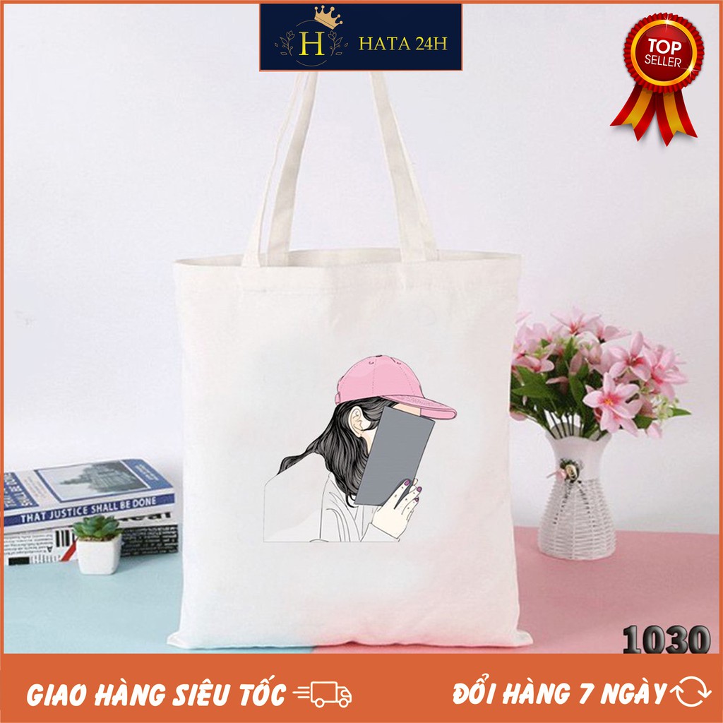 Túi Tote Đeo Vai Vải Canvas Trắng Cao Cấp Có Khóa Miệng 515 1030 Cô Gái Che Mặt Dễ Thương