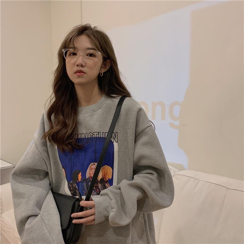 Áo khoác hoodie tay dài dáng rộng in họa tiết phong cách Hàn Quốc cho nữ 【77】