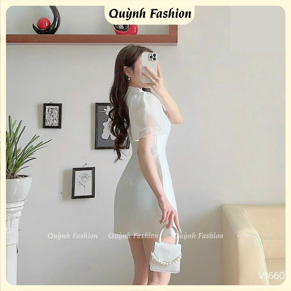 Đầm Cổ Tàu Tay Phồng Phối Bèo Voan Trắng QUỲNH FASHION Lạnh Sang Trọng Nữ Tính Freesize 46-55kg