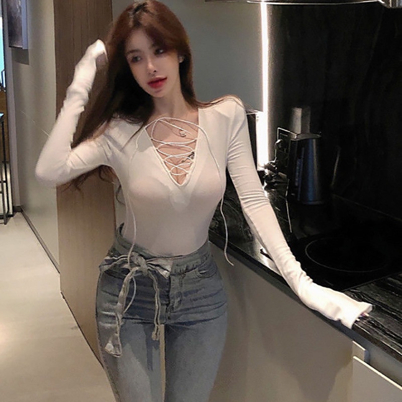 IELGY Áo Thun Nữ Dài Tay Cổ Chữ V Ôm Dáng Phong Cách retro Hong Kong