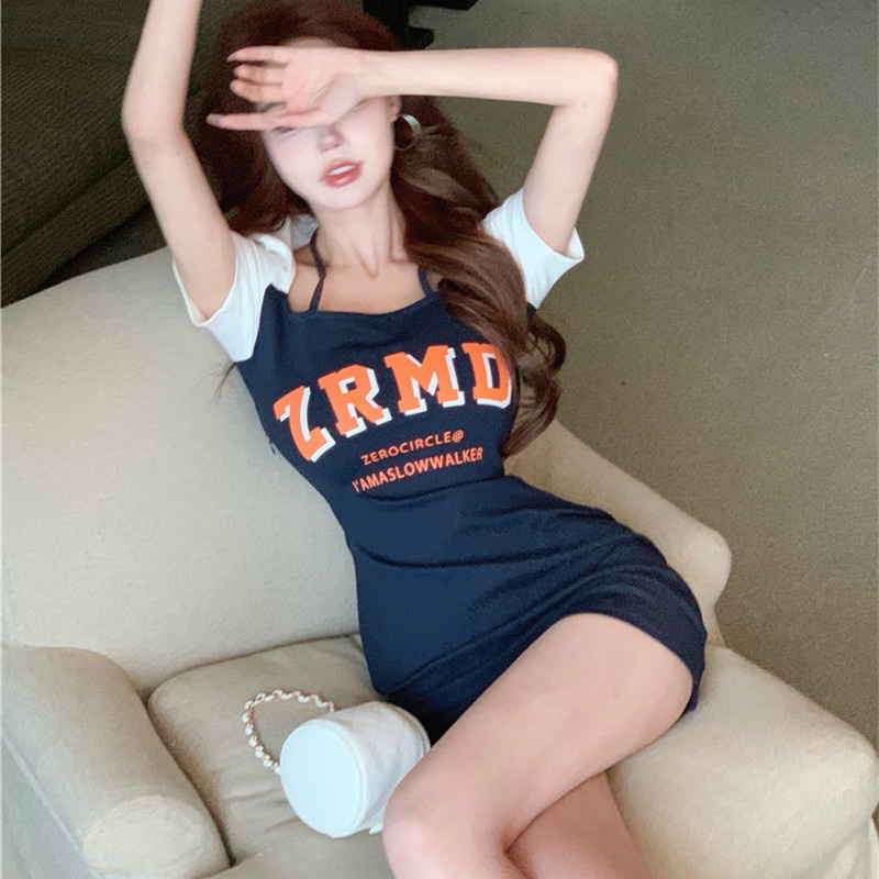 Đầm Tay Ngắn Dáng Ôm Màu Sắc Tương Phản Thời Trang Cho Nữ