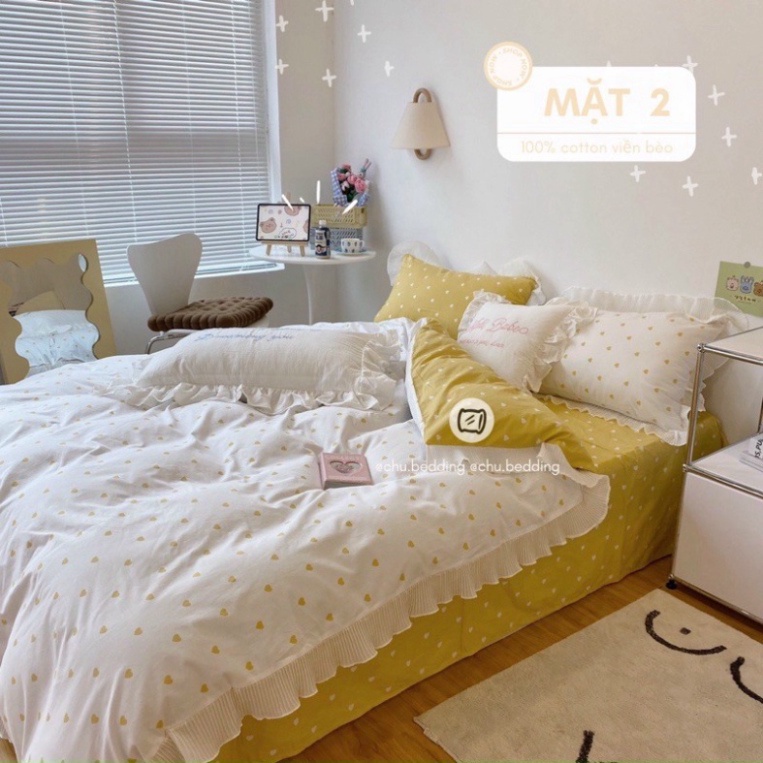 Bộ chăn ga gối chất liệu COTTON 100% viền bèo tim Châu Báu Bedding Miều Bedding