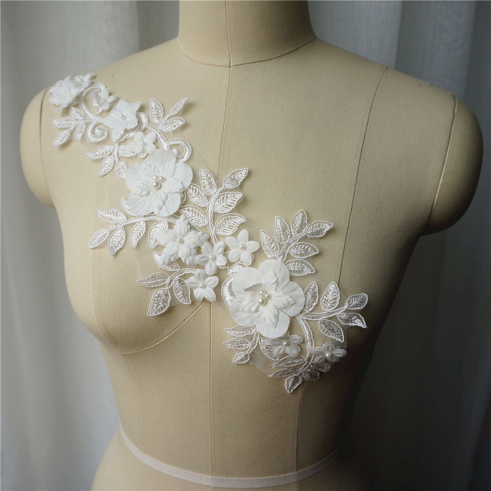 Vải Ren Thêu Hoa Đính Ngọc Trai Dùng May Váy Cưới diy