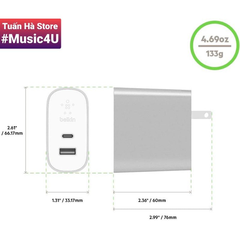 BOOST↑CHARGE™ Củ sạc nhanh Belkin PD 39W 27W USB Type C cho Iphone 11, Iphone 12, Ipad, Macbook, MFI [Music4U]