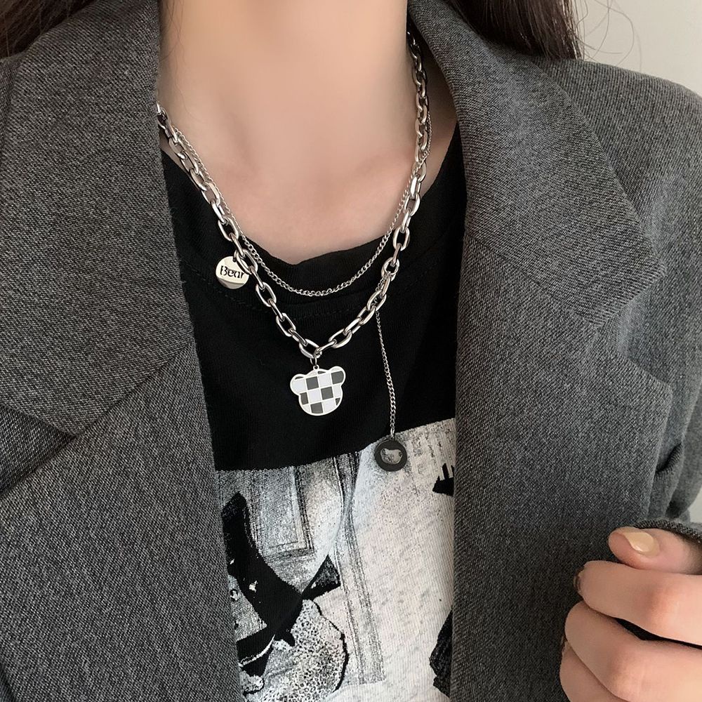 Vòng cổ thép titan nhiều lớp mặt hình trái tim/gấu phong cách Hàn Quốc cổ điển cho nữ