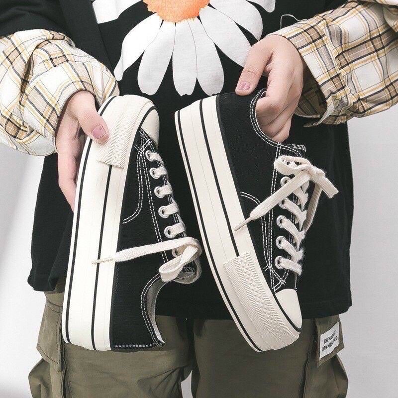 Giày bata nữ đi học thể thao sneaker cổ thấp hai màu trắng đen đế cao 3 cm JAENIA G006