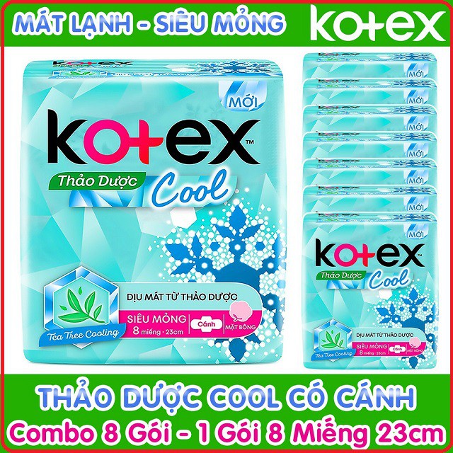 Lốc 8 Gói Băng Vệ Sinh Kotex Thảo Dược Cool Siêu Mỏng Có Cánh 23cm