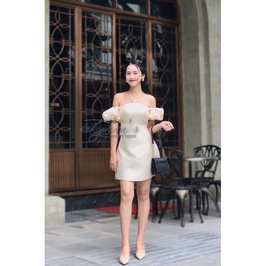 VÁY ĐẦM CỔ YẾM TRỄ VAI TAY PHỒNG ( sẵn đệm ngực )
