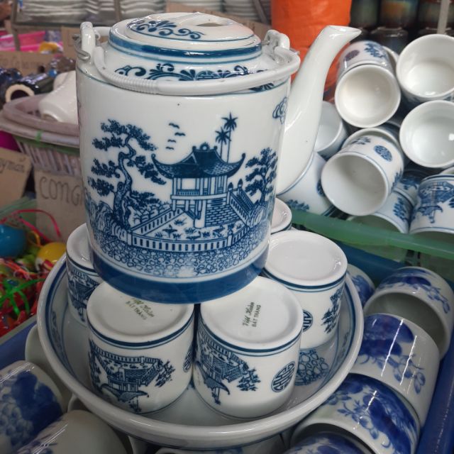 Bộ ấm tích kèm khay chén pha trà dung tích 1L, 1,5L, 2L, 3L... - Hàng vẽ tay bát tràng. Giá trọn bộ