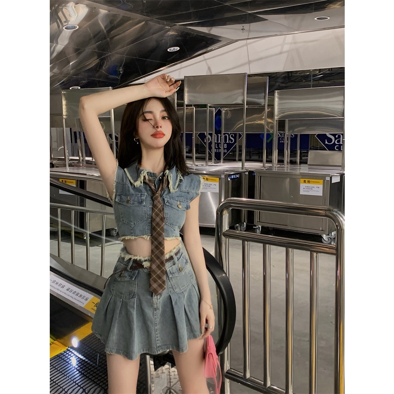 Cocory vn Set Áo Denim Không Tay + Chân Váy Chữ A Thời Trang Nữ