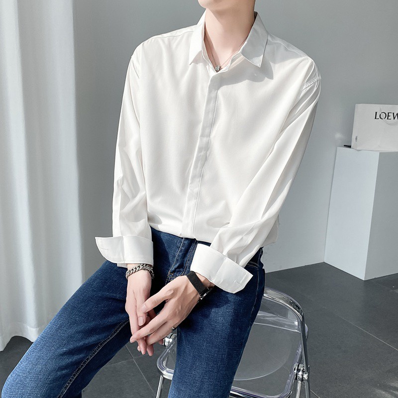 Áo sơ mi Nam dài tay vải lụa Urano dấu khuy form rộng unisex phong cách Hàn Quốc
