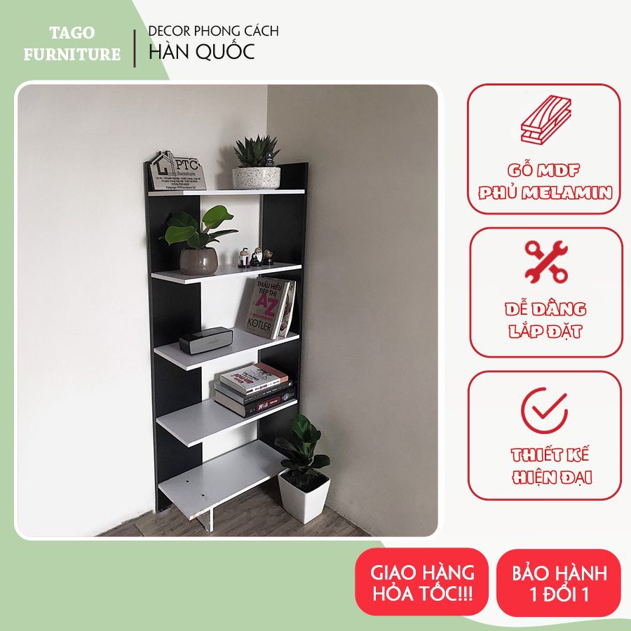 Kệ gỗ 5 tầng đa năng màu trắng đen, kệ sách đặt góc tường gỗ MDF phủ Melamine chống xước 40 x 20 x 125 TAGO ND24