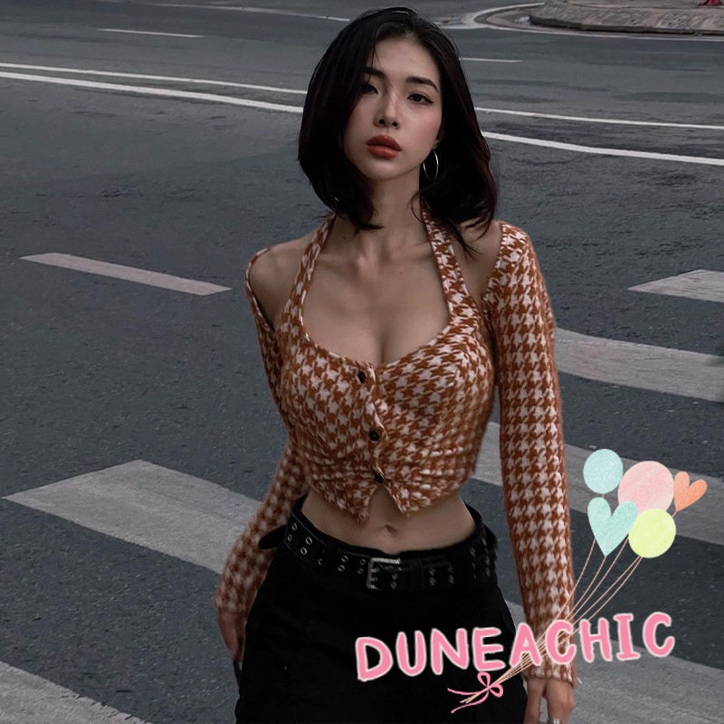 Áo Croptop Dài Tay Họa Tiết Ca Rô Ca Rô Thời Trang Dành Cho Nữ