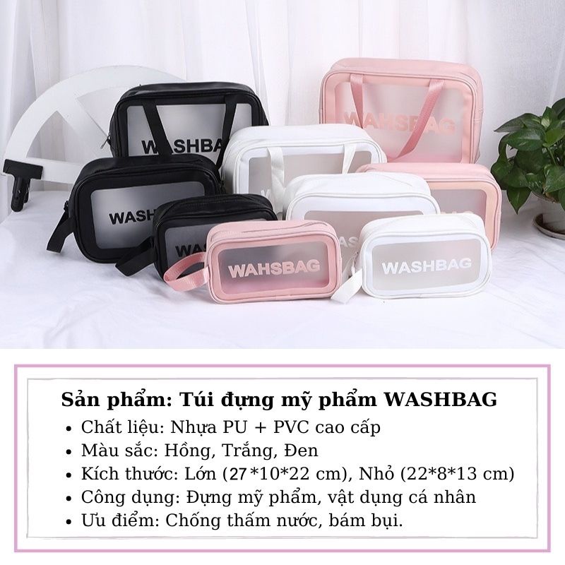 Túi đựng mỹ phẩm trong suốt cao cấp Washbag, túi đựng đồ du lịch đa năng 3 màu đen hồng trắng TDM01