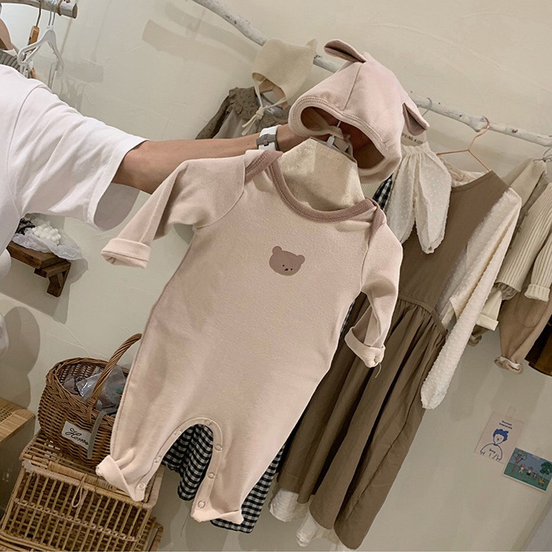 Bộ Quần Áo Bodysuit Cho Bé Trai Bé Gái Tuổi Họa Tiết Hình Gấu Đáng Yêu Chất Cotton Dày Dặn Mềm Mịn (Kèm Mũ)